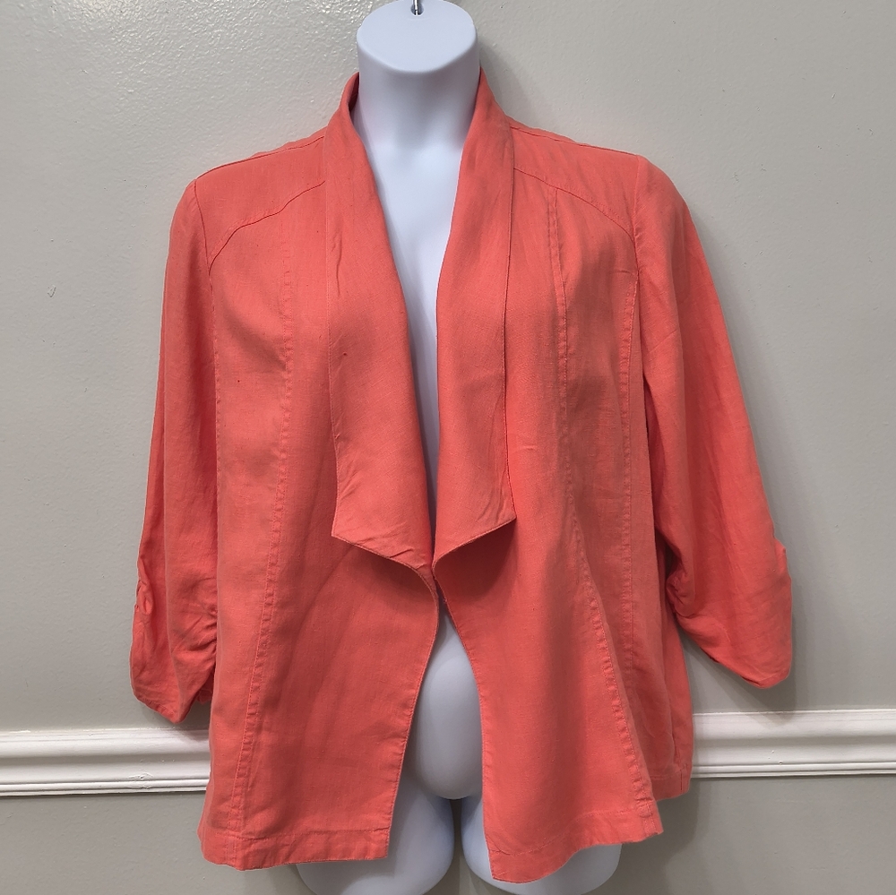 Chico's Coral Open Front Cardigan Blazer 100% Linen Size 3 Casual Quiet Luxury